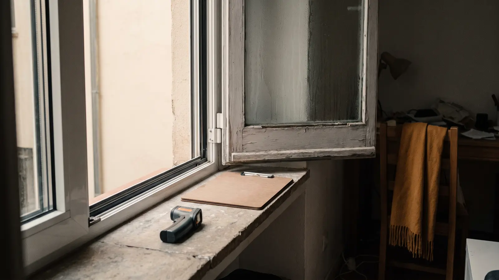Alféizar de una ventana recién instalada en un piso de Barcelona con un termómetro infrarrojo y una carpeta cerrada encima, junto a una ventana antigua de vidrio simple con condensación.