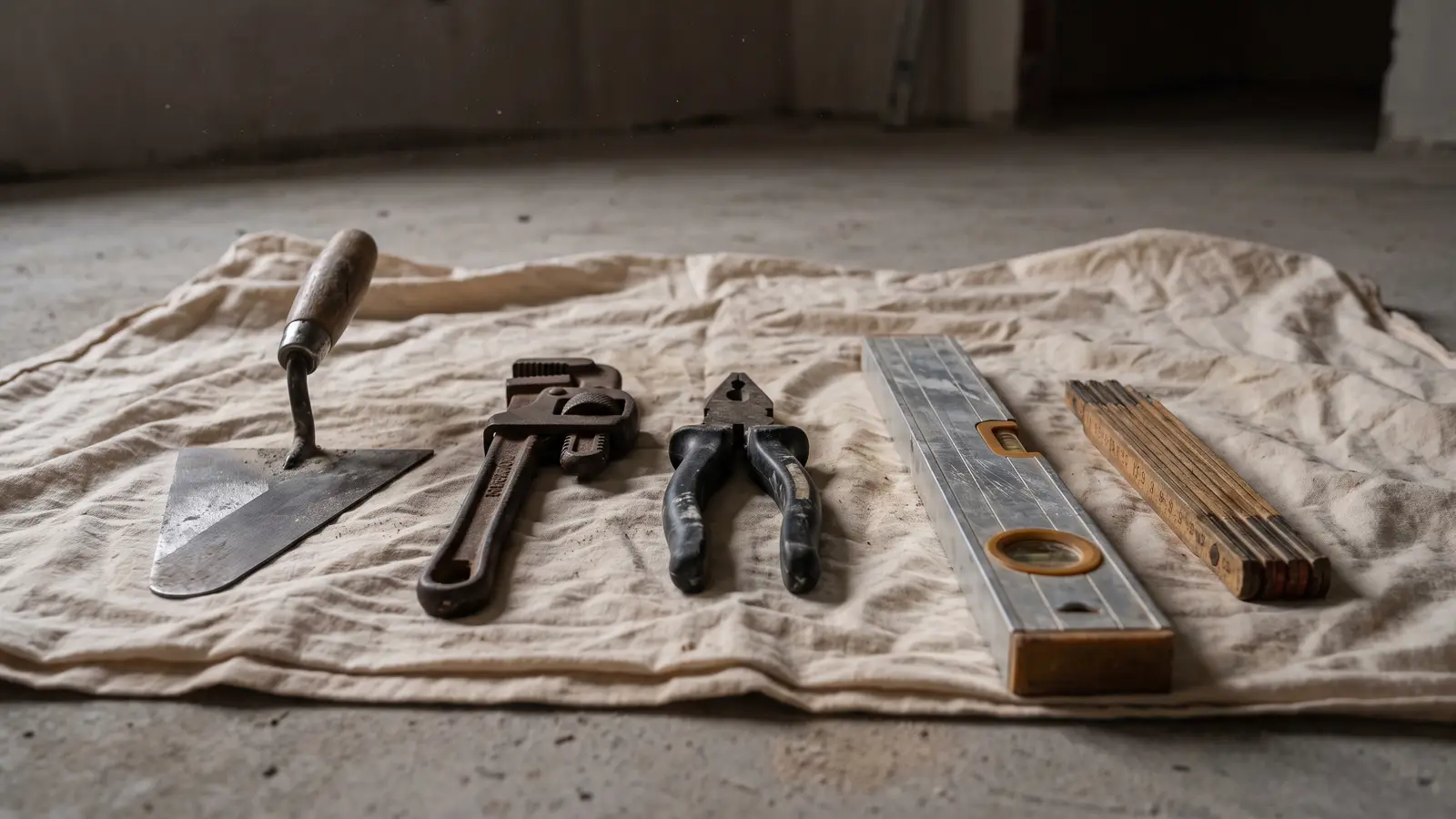 Herramientas de distintos oficios alineadas sobre una lona: paleta de albañil, llave de fontanero, alicates de electricista, un nivel y un metro plegable de madera.