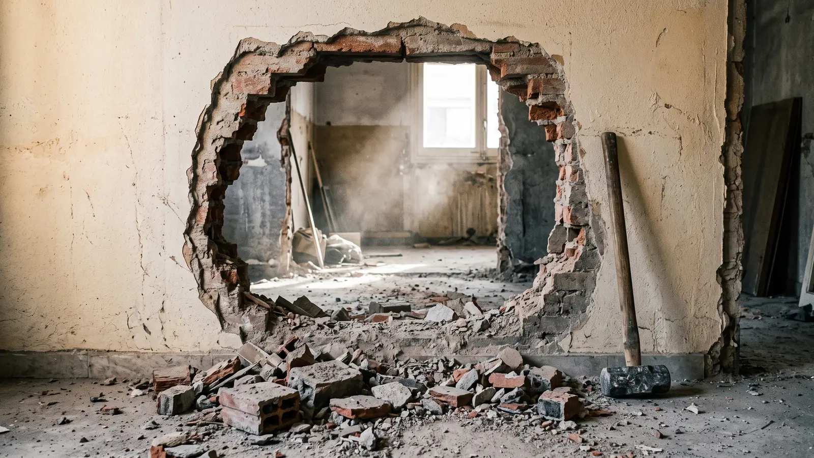 Tabique abierto a media demolición en un piso de Barcelona: un hueco irregular derribado a través del ladrillo deja ver la habitación contigua, con escombro en el suelo y polvo suspendido en la luz.
