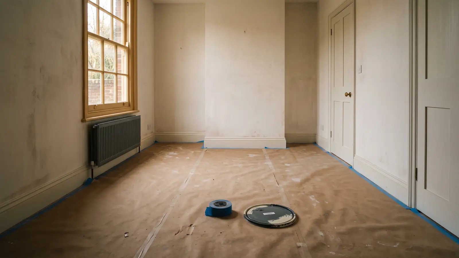 Habitación terminada en fase de remates: paredes recién enlucidas y pintadas, papel protector todavía encintado sobre el suelo nuevo y un rollo de cinta de carrocero olvidado encima.