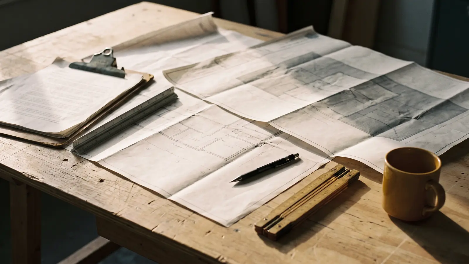 Planos de distribución desplegados sobre una mesa de trabajo de madera, con un escalímetro, un portaminas, un metro plegable y una carpeta con un informe técnico.