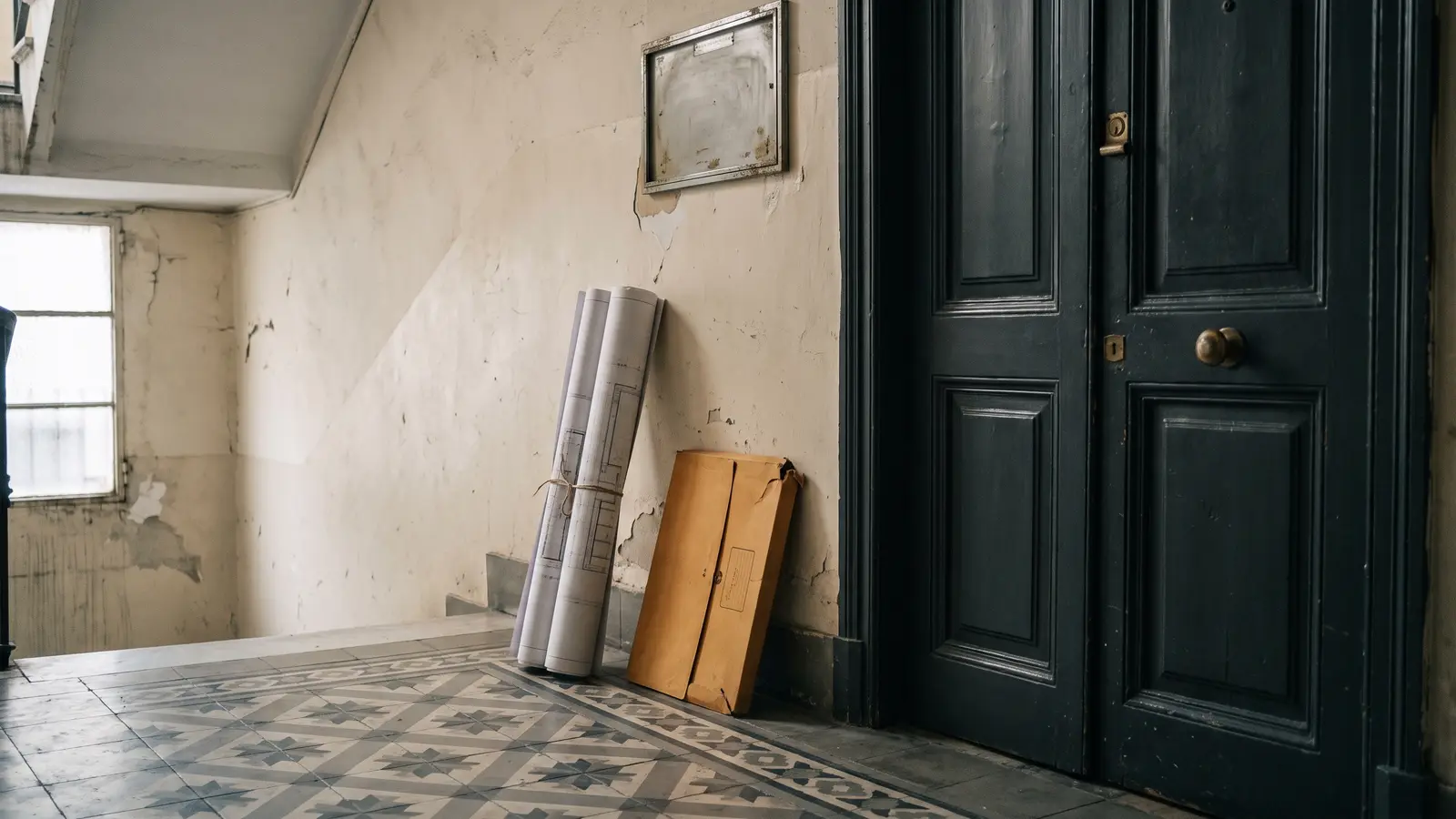 Planos enrollados y una carpeta de documentación apoyados en la pared junto a la puerta cerrada de un piso, en el rellano de un edificio antiguo de Barcelona con suelo hidráulico.