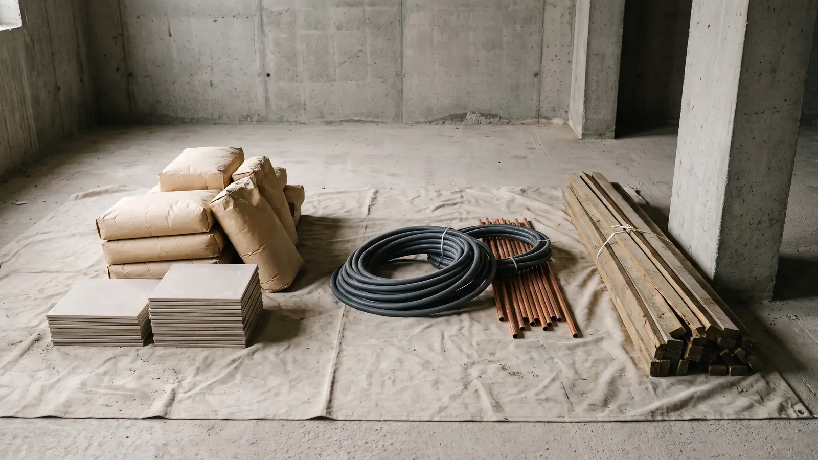 Materiales de obra agrupados por oficio sobre una lona en una habitación vacía: sacos de cemento, azulejos apilados, rollos de tubo corrugado, tramos de tubería de cobre y un haz de listones de madera.