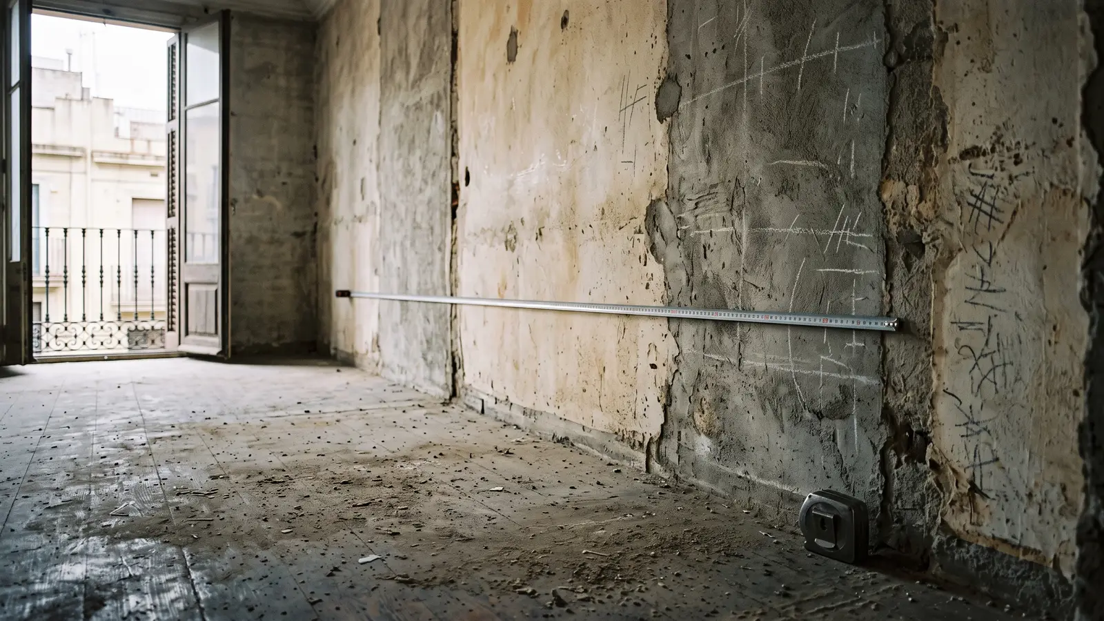 Habitación vacía de un piso de Barcelona sin reformar, con una cinta métrica metálica extendida sobre la pared desnuda y marcas de tiza en el yeso.